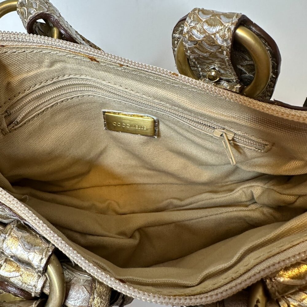 Coccinelle Gold Leather Snakeskin Handbag with Removable Strap - Picture 6 of 6